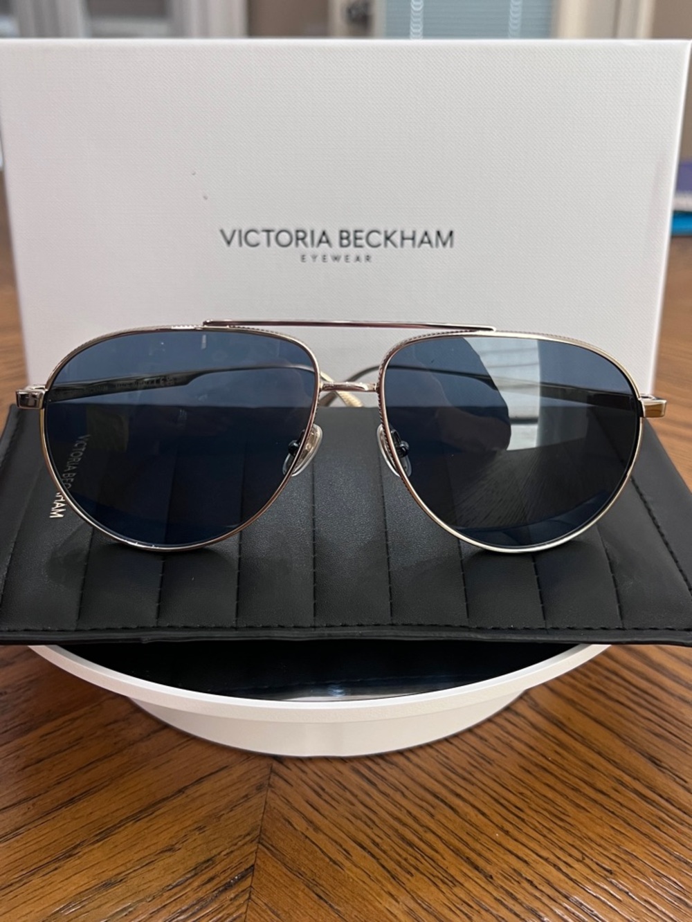 New Inventory! Victoria Beckham Gold Aviator Sunglasses with Dark Blue Lenses